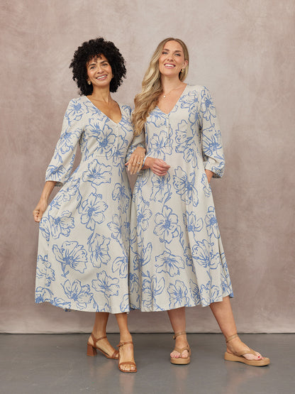 Hilary Printed Linen Mix Dress - Blue Floral