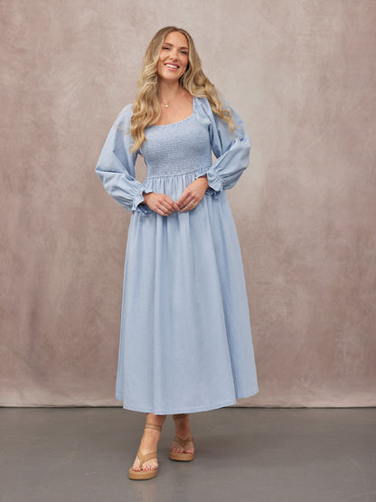 Sam Shirred Dress - Blue