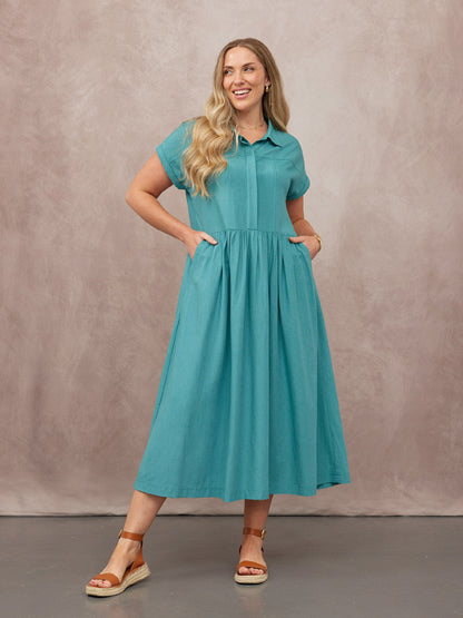 Rhiona Linen Shirt Dress - Teal