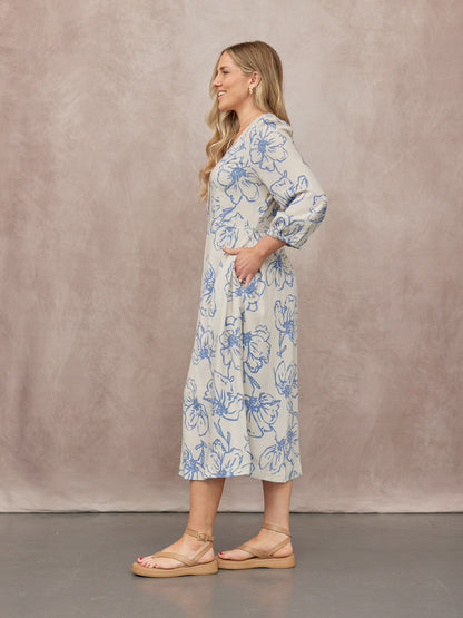 Hilary Printed Linen Mix Dress - Blue Floral