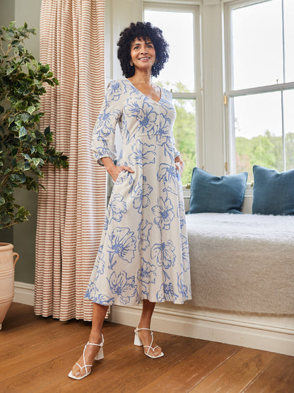 Hilary Printed Linen Mix Dress - Blue Floral