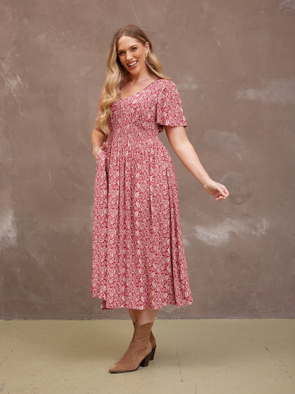 Maddie Short Sleeve Dress - Maroon Leaf Print