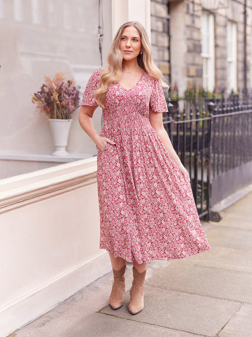 Maddie Short Sleeve Dress - Maroon Leaf Print