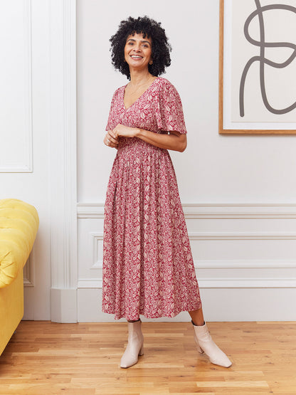 Maddie Short Sleeve Dress - Maroon Leaf Print