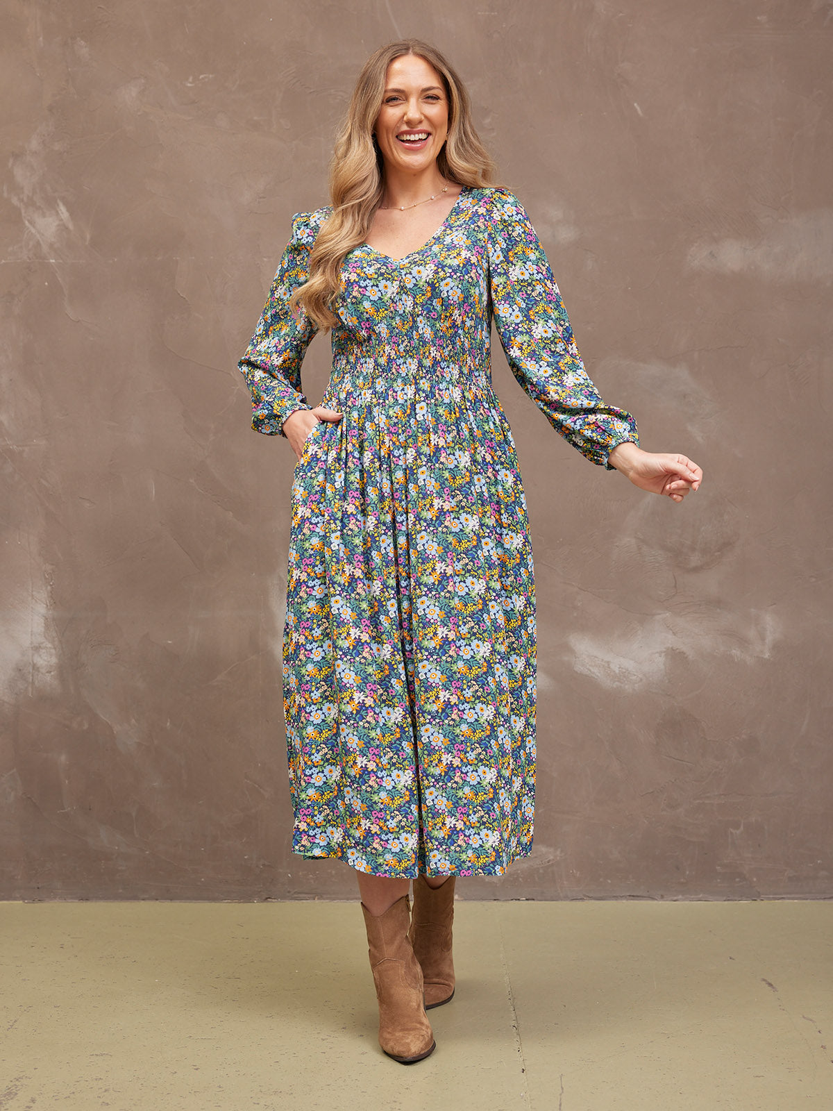 Maddie V-Neck Dress - Multi Coloured Floral