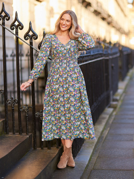 Maddie V-Neck Dress - Multi Coloured Floral