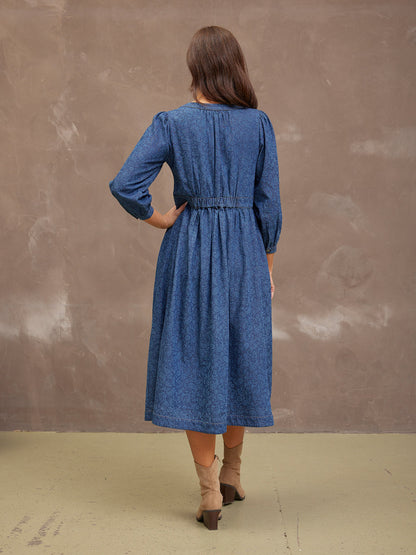 Jessica V-Neck Denim Dress - Printed Paisley