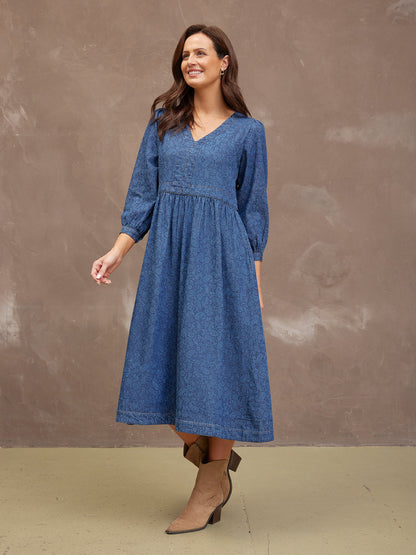 Jessica V-Neck Denim Dress - Printed Paisley