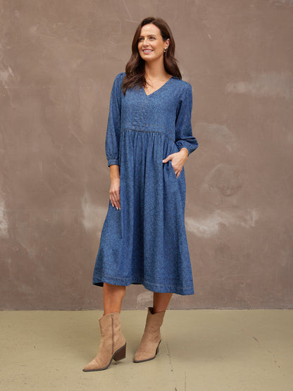Jessica V-Neck Denim Dress - Printed Paisley