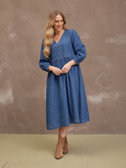 Jessica V-Neck Denim Dress - Printed Paisley