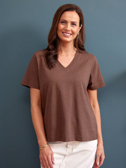 Cathy V-neck Tee - Brown