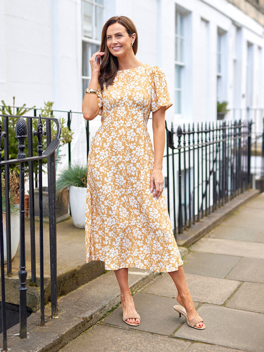 Rupali Angel Sleeve Tea Dress - Mustard & Ecru Floral Print