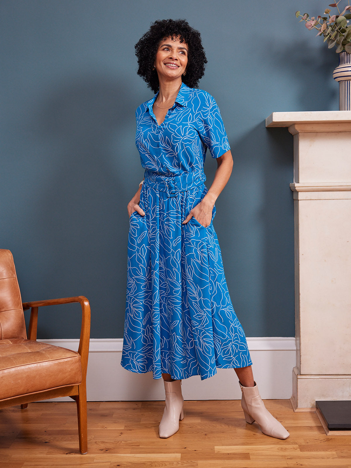 Camilla Dress - Blue Leaf Print