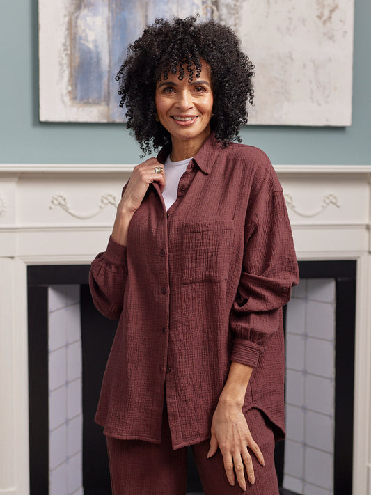 Deborah Oversized Cotton Crinkle Shirt - Brown