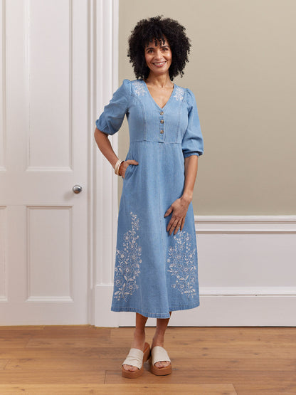 Lisa Embroidered Denim Dress - Light Wash Denim