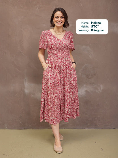 Maddie Short Sleeve Dress - Maroon Leaf Print