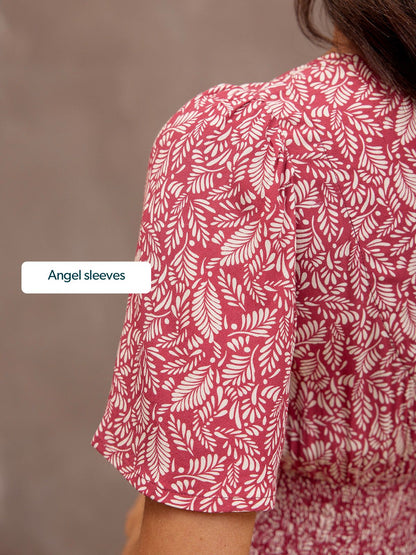 Maddie Short Sleeve Dress - Maroon Leaf Print