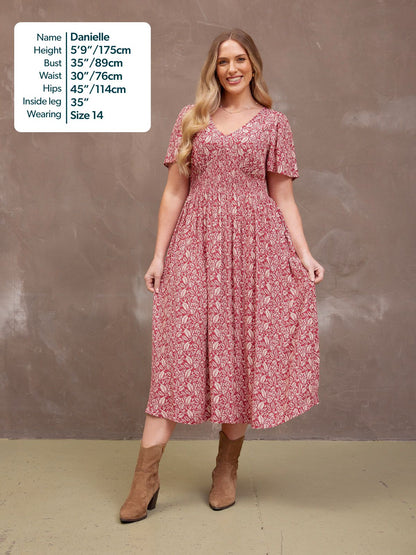 Maddie Short Sleeve Dress - Maroon Leaf Print