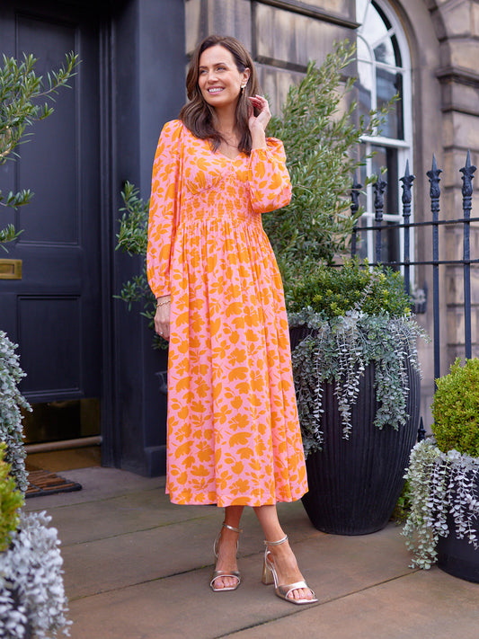 Maddie V-Neck Dress - Pink & Orange Floral Print
