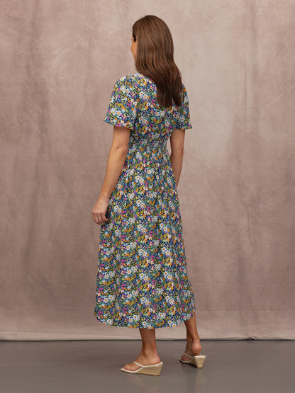 Maddie V-Neck Short Sleeve Dress - Multi-Coloured Floral Print