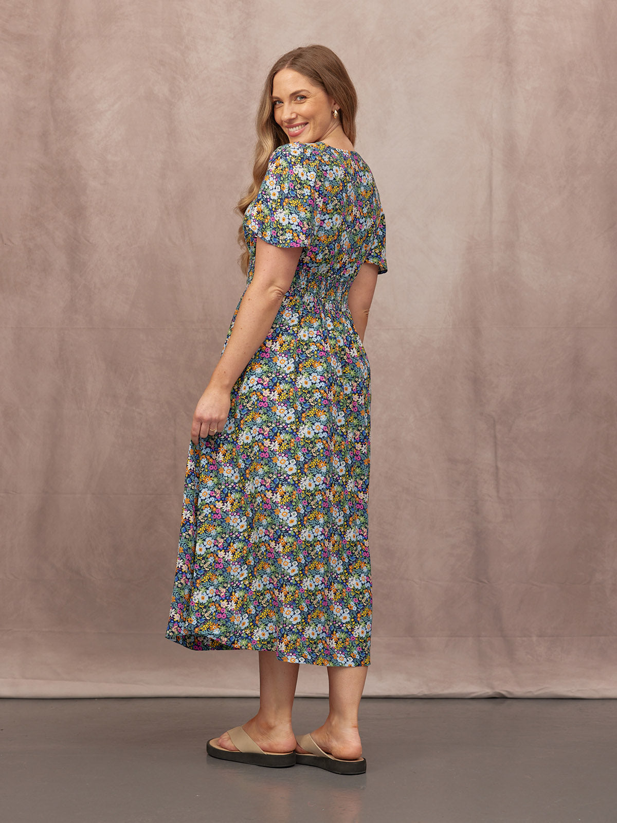 Maddie V-Neck Short Sleeve Dress - Multi-Coloured Floral Print