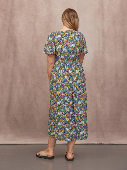 Maddie V-Neck Short Sleeve Dress - Multi-Coloured Floral Print
