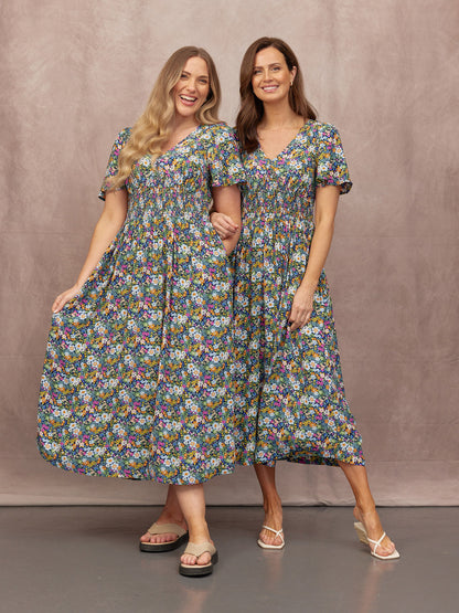 Maddie V-Neck Short Sleeve Dress - Multi-Coloured Floral Print