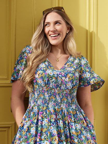 Maddie V-Neck Short Sleeve Dress - Multi-Coloured Floral Print
