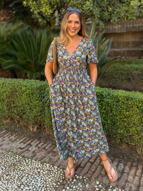 Maddie V-Neck Short Sleeve Dress - Multi-Coloured Floral Print