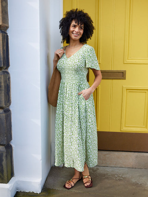 Maddie V-Neck Short Sleeve Dress - Olive Print