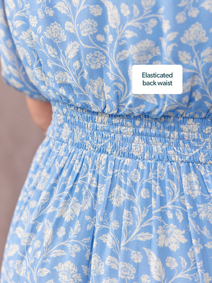 Penelope Georgette Dress - Blue & White Floral Print