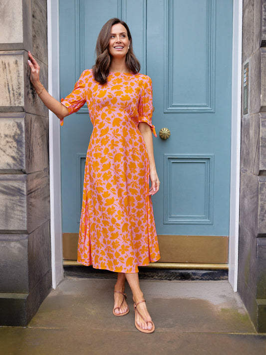 Sally Grace Tie Sleeve Dress - Pink & Orange Floral Print