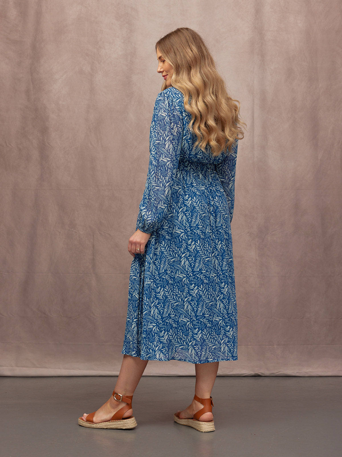 Vic Georgette Tie Waist Dress - Blue & Ecru Leaf Print