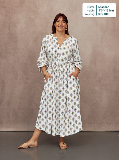 Flora Block Print Dress - Ecru Print