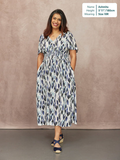 Maddie Short Sleeve Dress - Navy Ikat Print