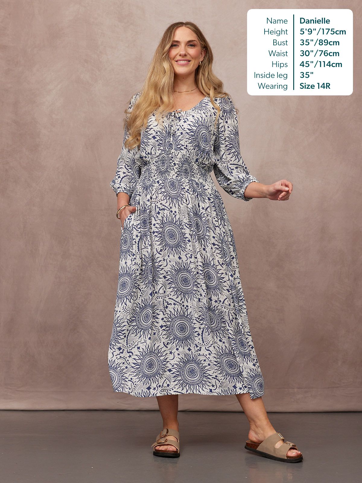 Marisol Round Neck Shirred Dress - Ecru & Blue Sun Print
