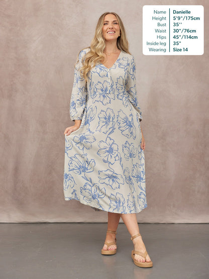 Hilary Printed Linen Mix Dress - Blue Floral