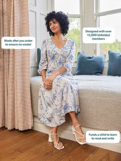 Hilary Printed Linen Mix Dress - Blue Floral