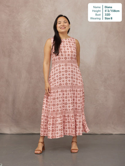 Marie Sleeveless Tiered Dress - Pink & Rust Print