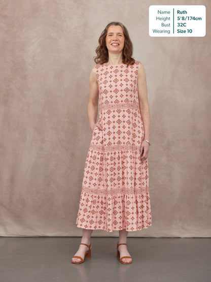 Marie Sleeveless Tiered Dress - Pink & Rust Print