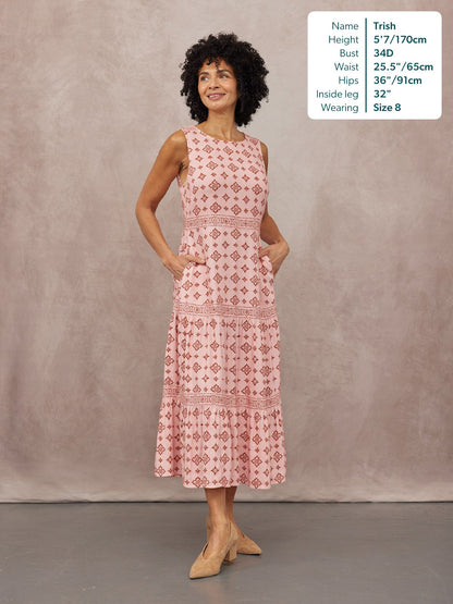 Marie Sleeveless Tiered Dress - Pink & Rust Print
