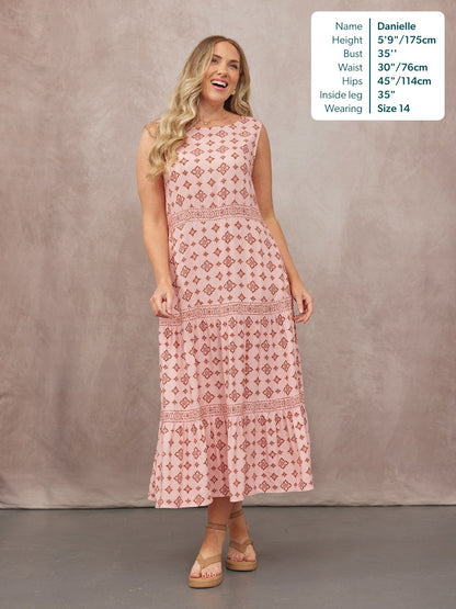 Marie Sleeveless Tiered Dress - Pink & Rust Print
