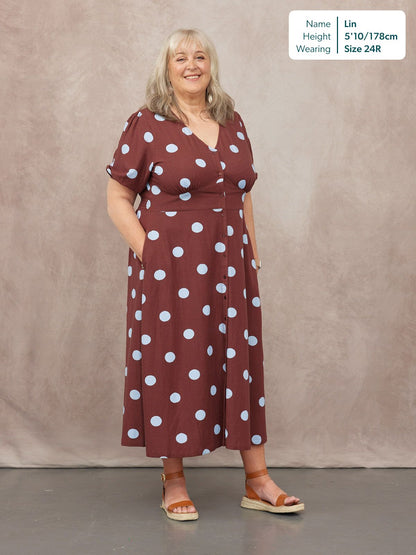 Rodica Puff Sleeve Dress - Brown & Blue Polka Dot