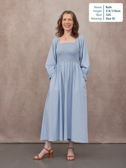 Sam Shirred Dress - Blue