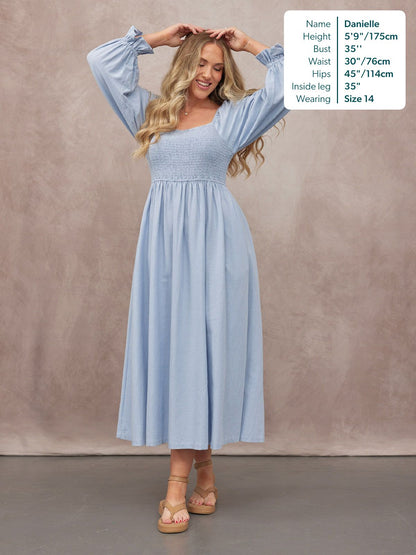 Sam Shirred Dress - Blue