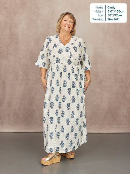 Tara Lurex Summer Dress - White & Blue Floral Print