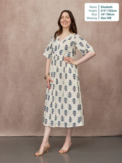Tara Lurex Summer Dress - White & Blue Floral Print