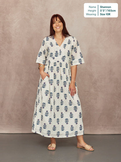 Tara Lurex Summer Dress - White & Blue Floral Print